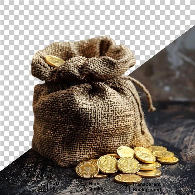 PSD a bag of gold coins with a bag of money on it isolated on transparent background