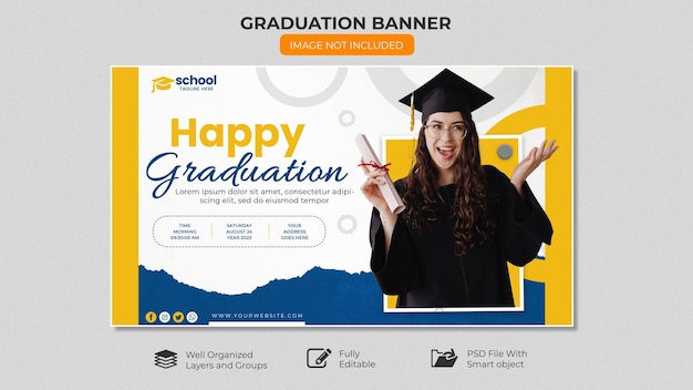 A banner for a school banner that says happy graduation.