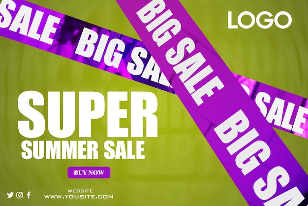 PSD Баннер летней распродажи с фиолетовой лентой с надписью «супер распродажа».
