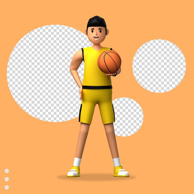 PSD 노란색 유니폼을 입은 농구 선수가 농구 3d 삽화를 들고 있습니다.