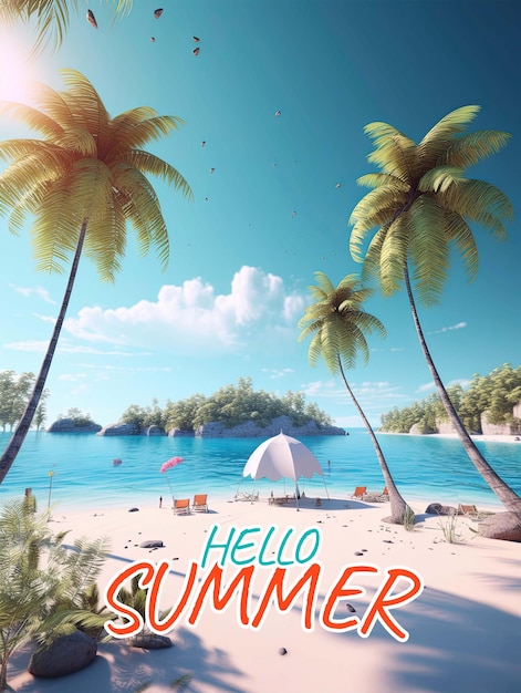 PSD 야자수가 있는 해변 장면과 hello summer라는 단어가 있는 해변 장면