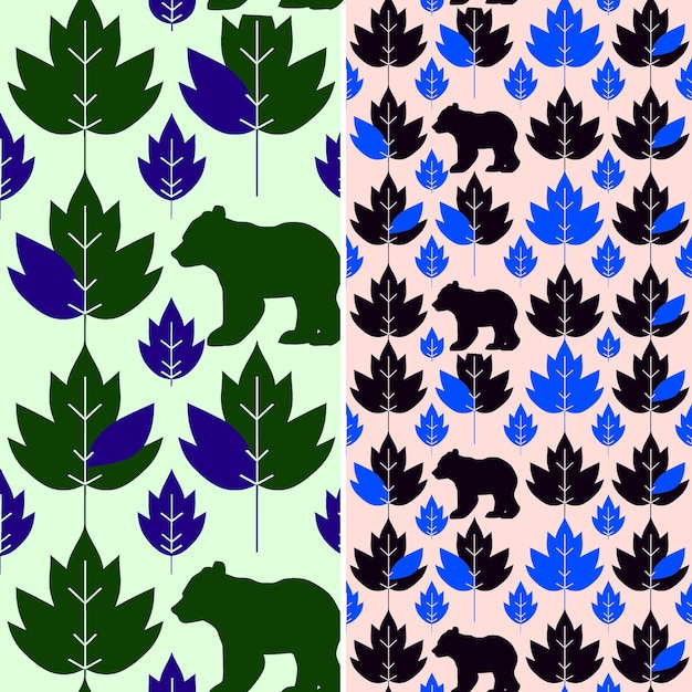 Дизайн обоев для медведя и медведя с фиолетовыми цветами и зелеными листьями