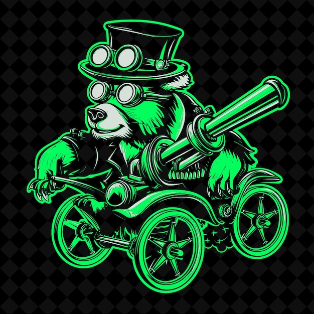 緑の背景のオートバイの帽子をかぶったクマ