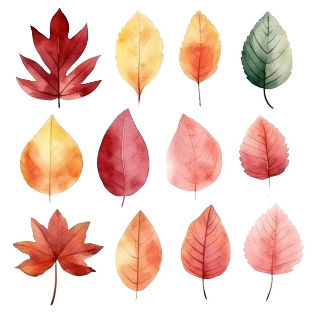 PSD 水彩の秋の葉の美しくカラフルなコレクション