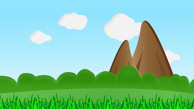 A beautiful cartoon landscape with mountains clouds and green grass