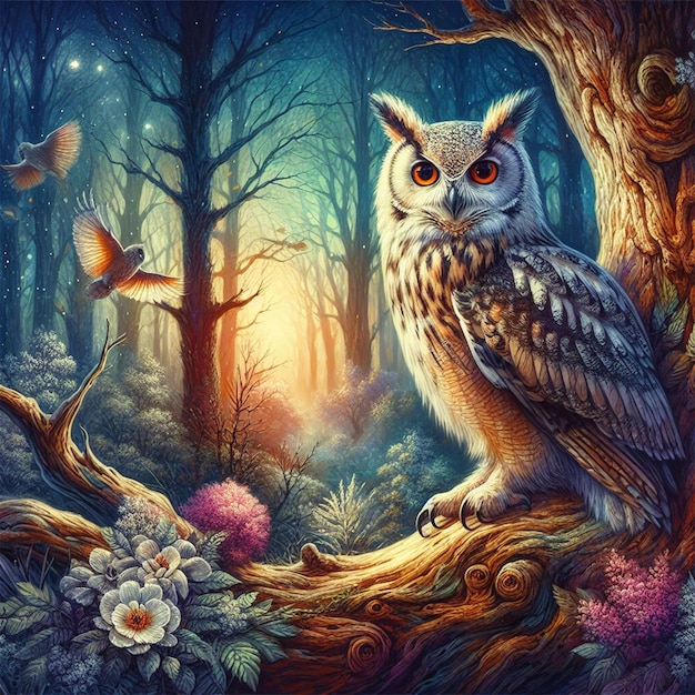 PSD Прекрасная мудрая старая сова наблюдает за мистическим лесом, расположенным на лесу с деревом.