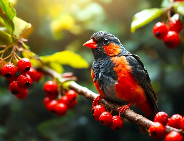 背景に赤いベリーが付いた枝の上に座っている鳥