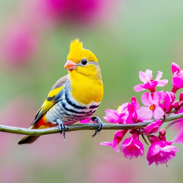 PSD 黄色い頭と赤い羽を持つ鳥が花を背景に枝に座っています。