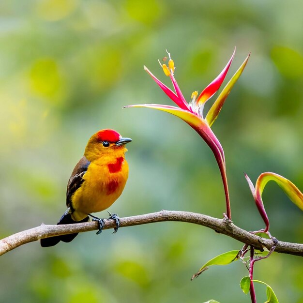 PSD 黄色い頭と赤い羽を持つ鳥が花を背景に枝に座っています。