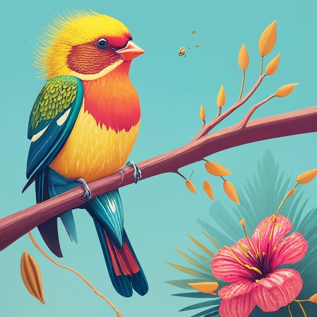 노란 머리와  ⁇ 은  ⁇ 털 을 가진 새 는 뒷면 에 꽃 이 있는 가지 에 앉아 있다