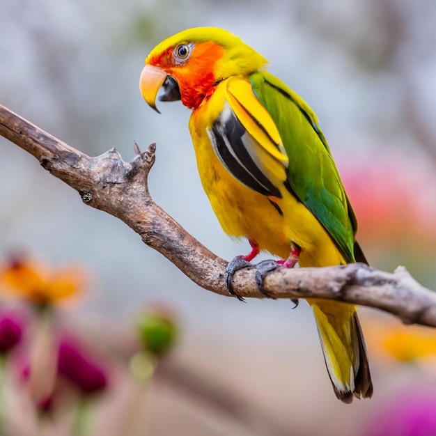 PSD 黄色い頭と赤い羽を持つ鳥が花を背景に枝に座っています。