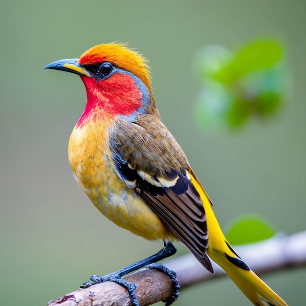 黄色い頭と赤い羽を持つ鳥が花を背景に枝に座っています。