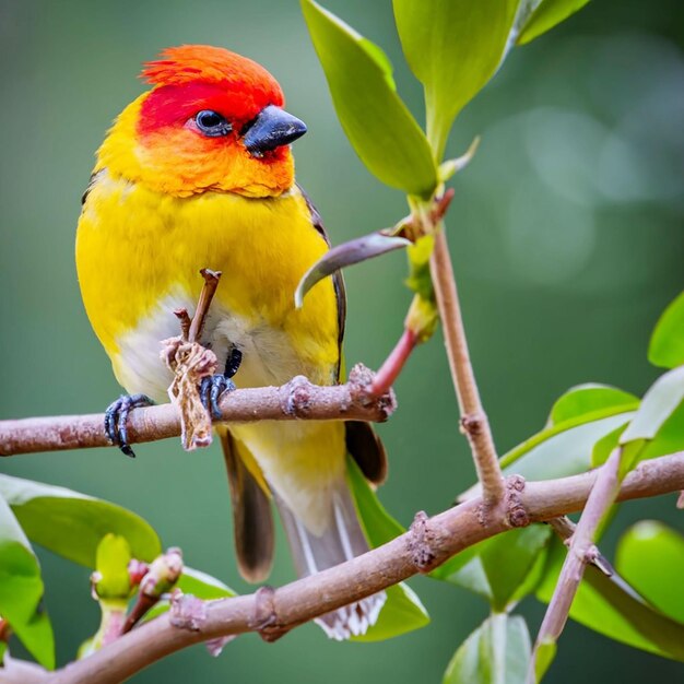 PSD 黄色い頭と赤い羽を持つ鳥が花を背景に枝に座っています。