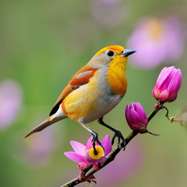 PSD Птица с желтой головой и красными перьями сидит на ветке с цветком на заднем плане.