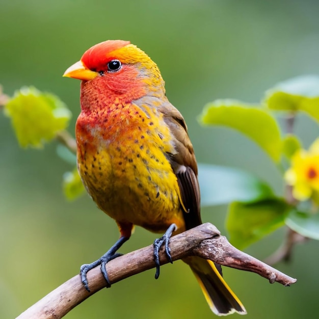 黄色い頭と赤い羽を持つ鳥が花を背景に枝に座っています。