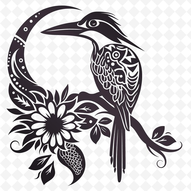 PSD a black and white drawing of a bird with flowers and a bird on it