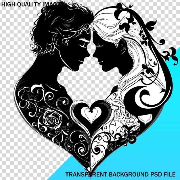 PSD カップルがキスをしている黒と白の絵で心臓が描かれています