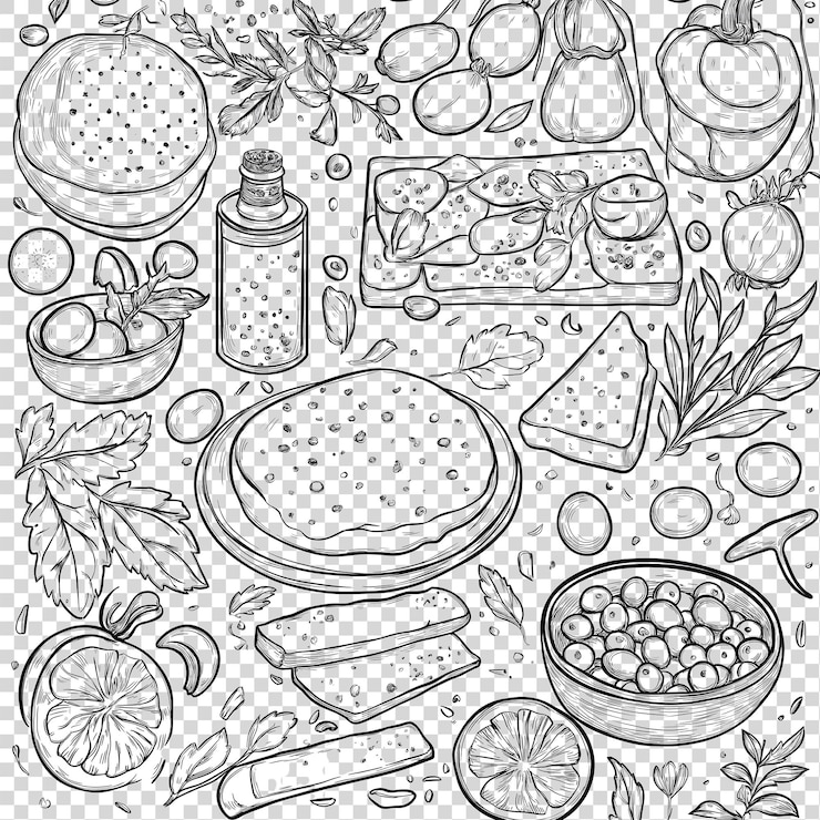PSD a black and white drawing of a food with a picture of a lemon and vegetables