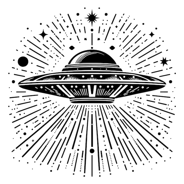 PSD Черно-белый рисунок космического корабля со звездами на заднем плане