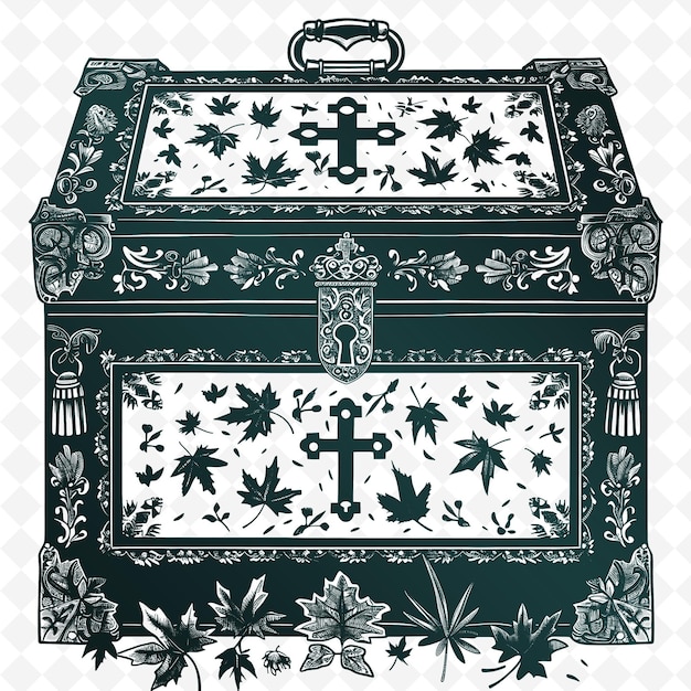 Черно-белая фотография коробки с листьями и крестом на ней