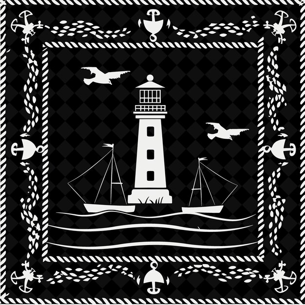 PSD 灯台の黒と白の絵でその周りに飛ぶカモメが描かれています