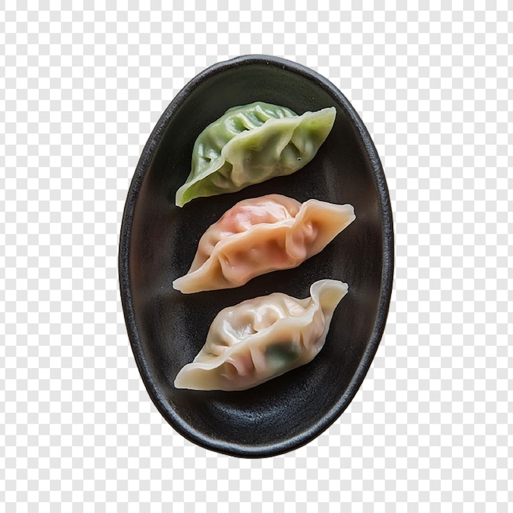 PSD a black bowl with dumplings and a black lid with a picture of a food in it