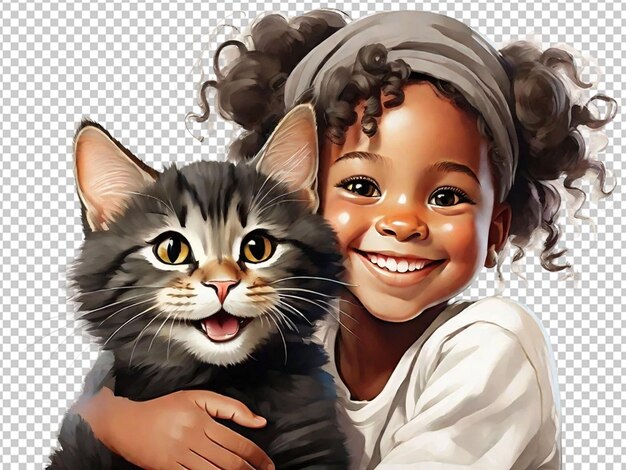 큰 미소로 고양이를 들고 있는 검은 아이