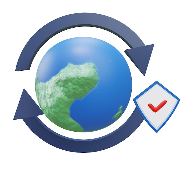a blue and green globe with a red arrow pointing to the left