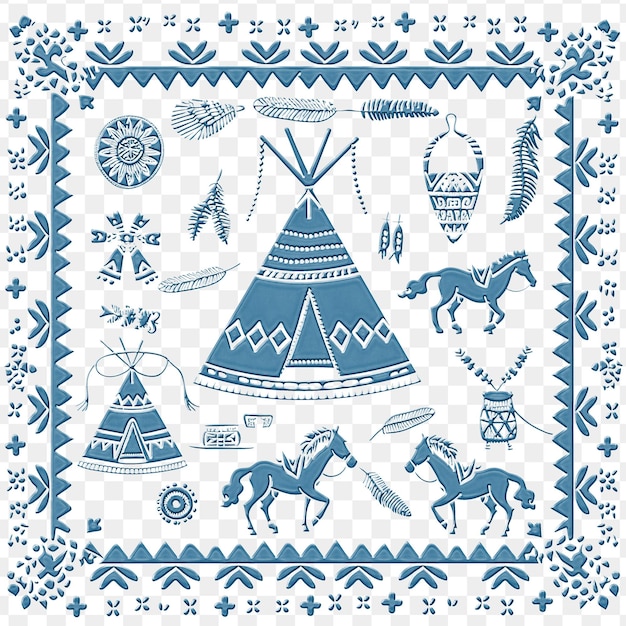 青と白の背景に馬とピラミッドの絵が描かれている