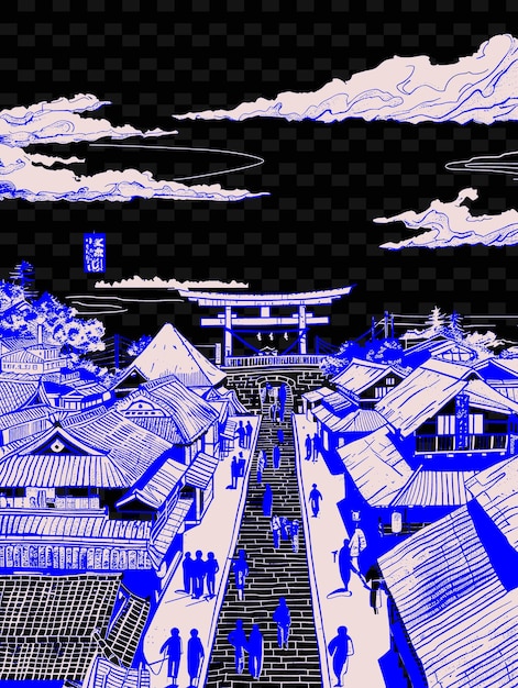 PSD 日本の寺院の青と白の絵で青い屋根とパゴダが背景に描かれています