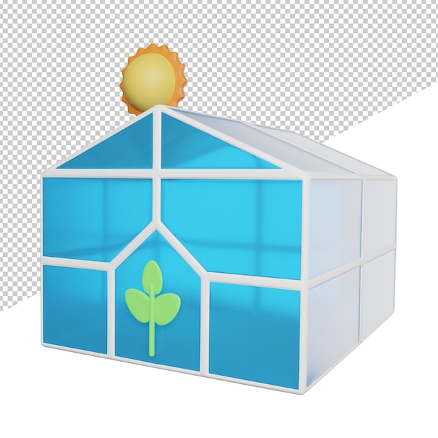 A blue and white house with a green plant on the top.