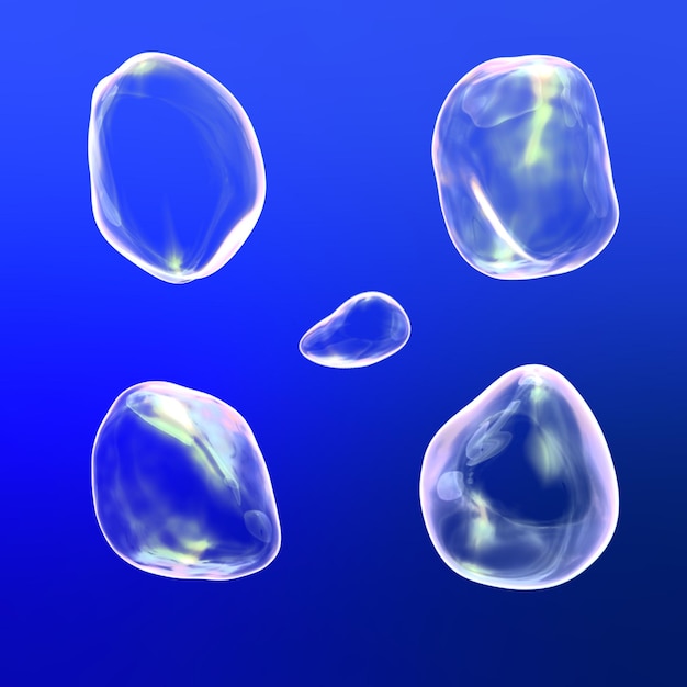 A blue background with three clear bubbles and one has the word " on it "