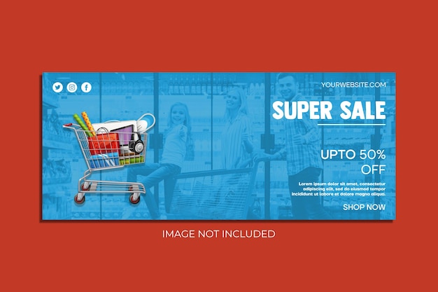 PSD ショッピング カート付きのスーパー セールの青いバナー。