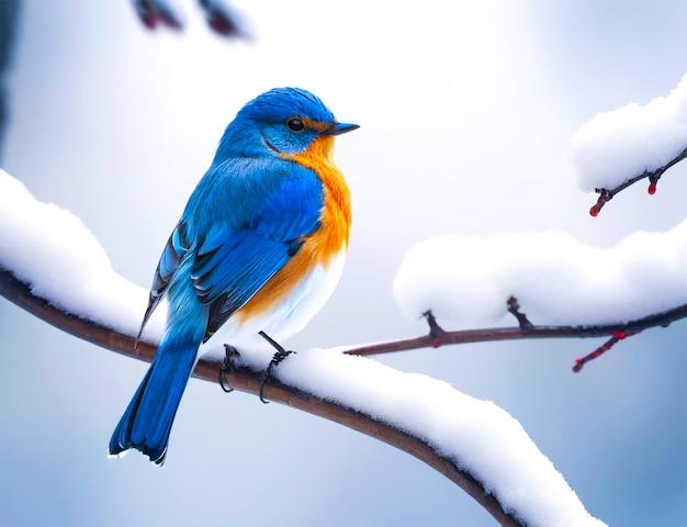 PSD 青い鳥が雪の中の枝の上に座っている