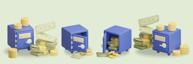 많은 돈이 들어 있는 서랍이 있는 파란색 상자.
