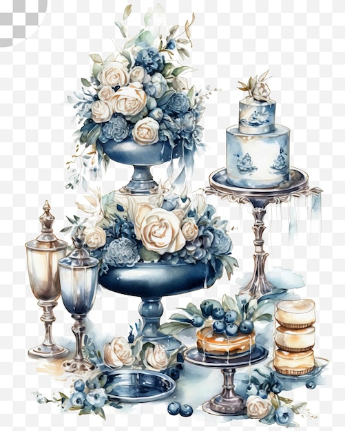 青いケーキとケーキを上に置いたケーキスタンド、hd png ダウンロード