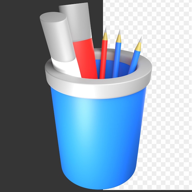 鉛筆が入っていると書かれた青い容器が付いた青いカップ