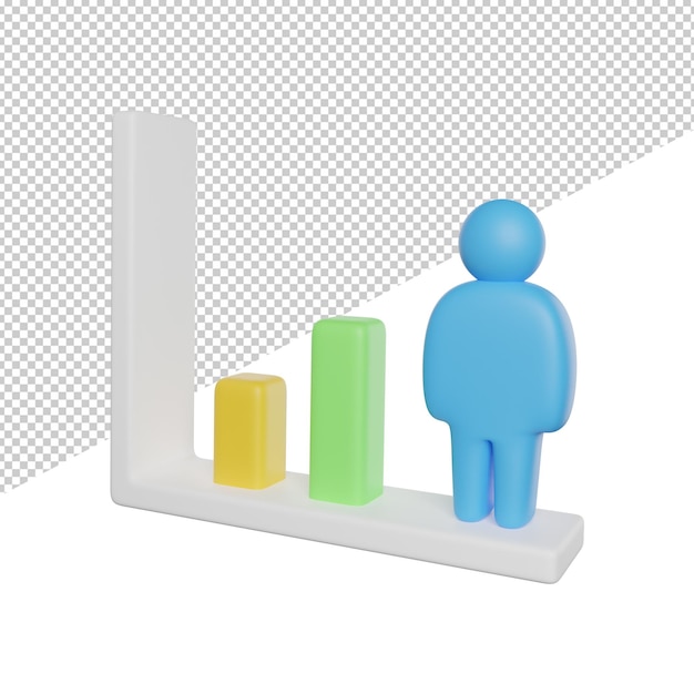 A blue figure stands on a bar graph with a bar chart in the middle.