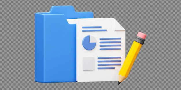 A blue folder with a document showing a chart and a pencil on transparent back png