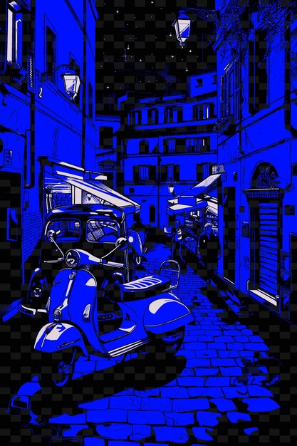 PSD Голубой мотоцикл припаркован в переулке с голубым фоном