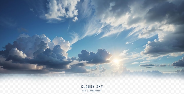 PSD Голубое небо с белыми облаками и солнцем изолировано на прозрачном фоне