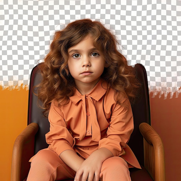 PSD Скучная девочка дошкольного возраста с волнистыми волосами из скандинавской этнической группы, одетая в одежду для фотографий, позирует в кресле на спине в строгом стиле на фоне пастельного мандарина
