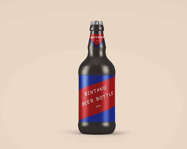 PSD サンバーストビールボトルモックアップpsdと書かれた赤と青のラベルが付いたビールのボトル