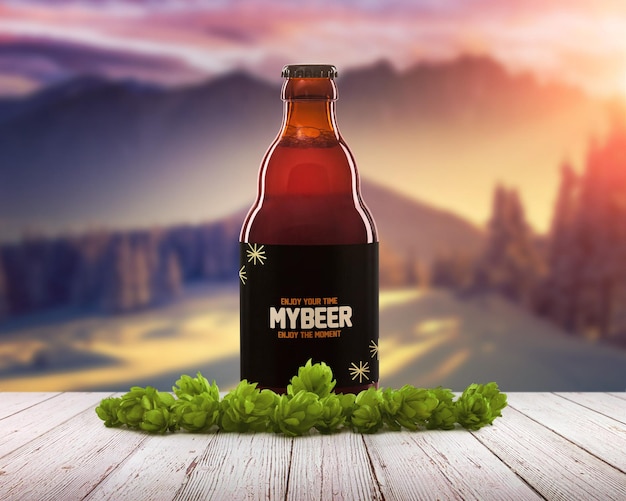 PSD Бутылка моего пива стоит на деревянном столе на фоне горы.