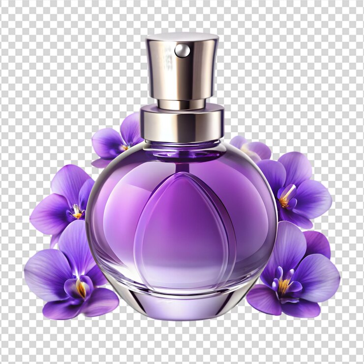 a bottle of perfume with purple flowers in the background