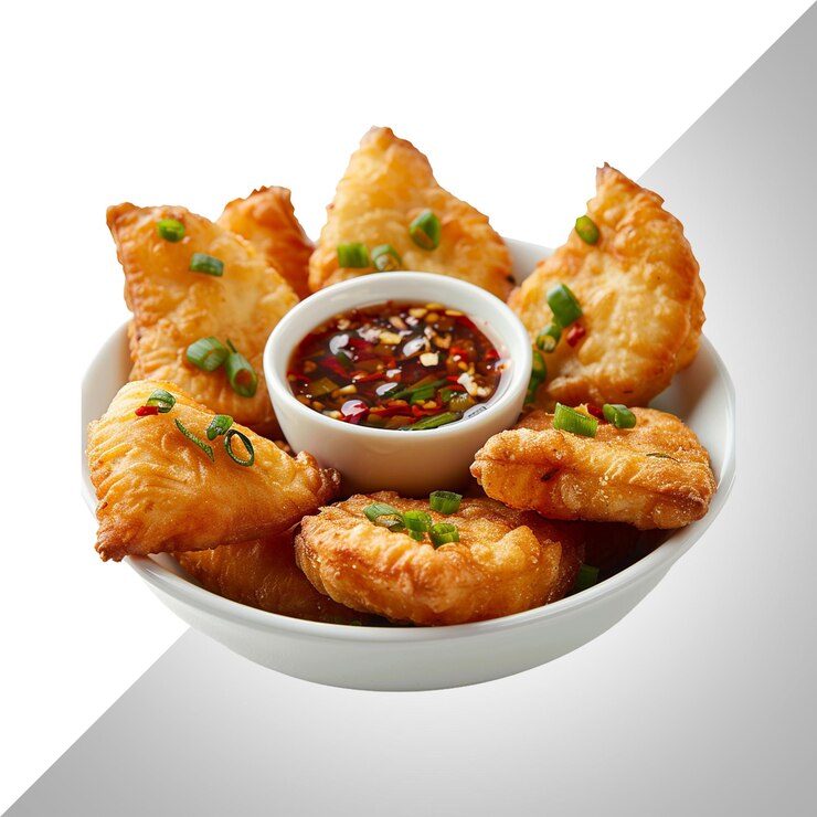 PSD a bowl of fried food with a dipping sauce in the middle