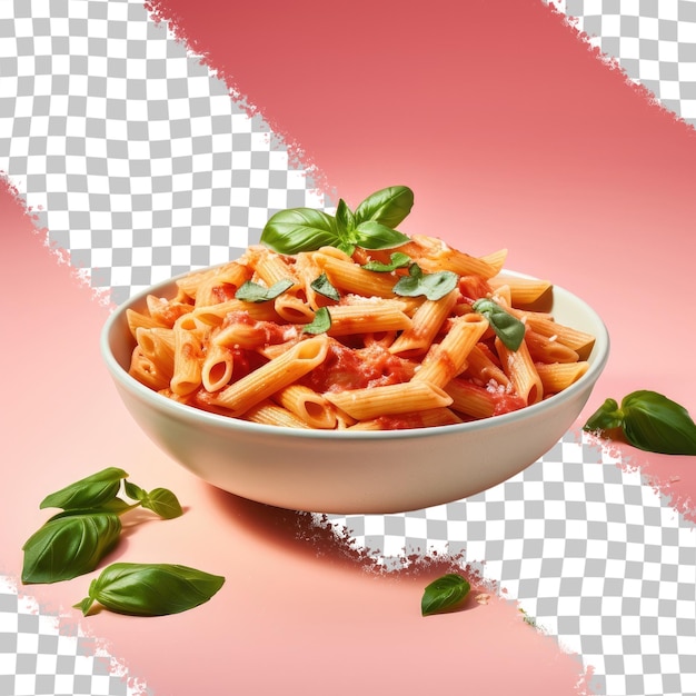 PSD Миска макарон с базиликом и томатным соусом на заднем плане.