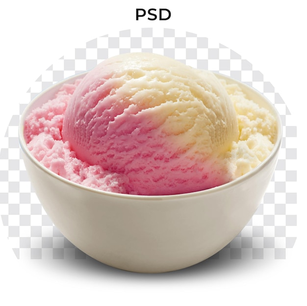 PSD ピンクと黄色のアイスクリームのボウルに「psd」という文字が描かれています。