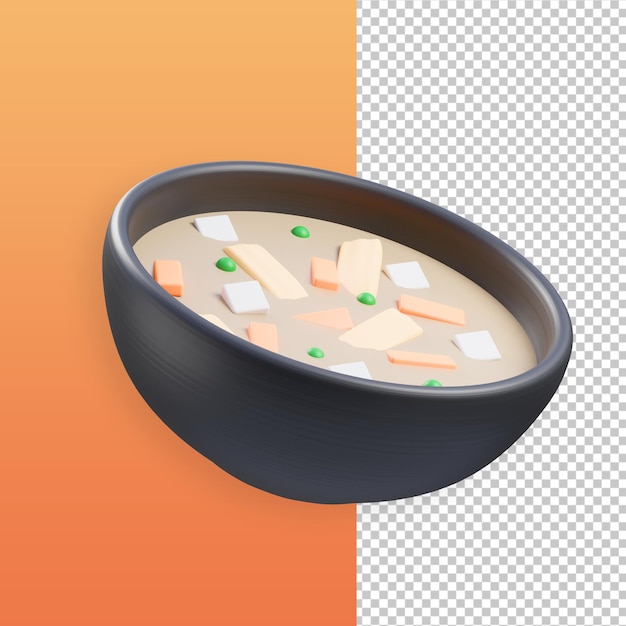 PSD 真ん中の3dイラストにニンジンとエンドウ豆とグリーンピースが入ったスープのボウル