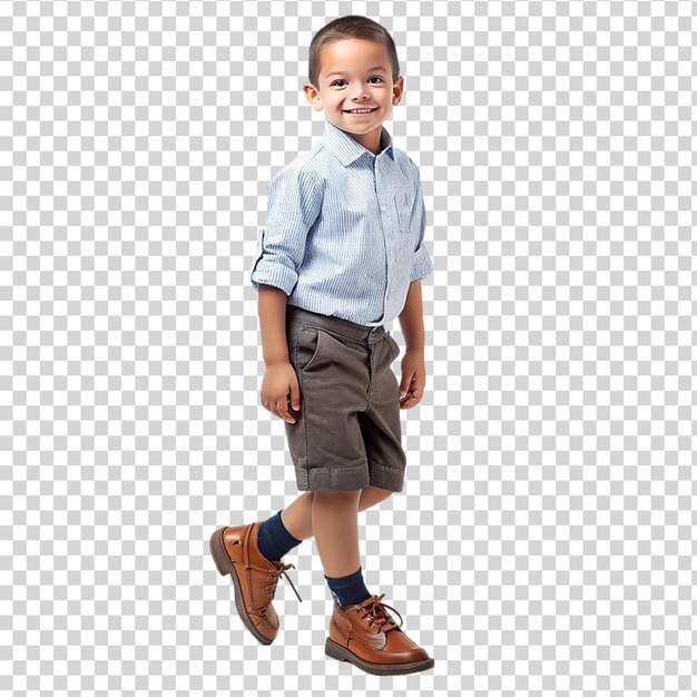 PSD Мальчик в синей рубашке и джинсах стоит на прозрачном фоне